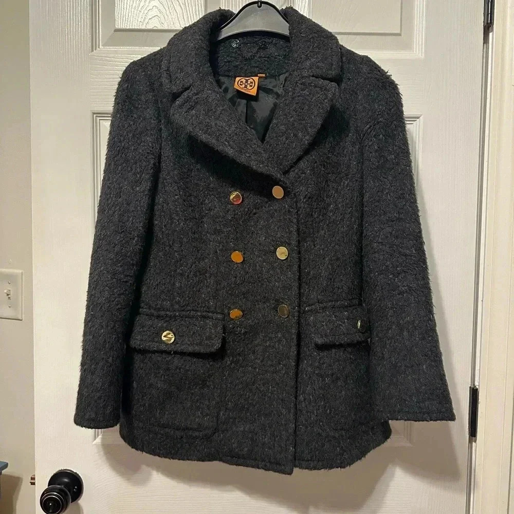 Tory Burch Wool Blend Gray Peacoat Women’s Size 4 With Gold Buttons